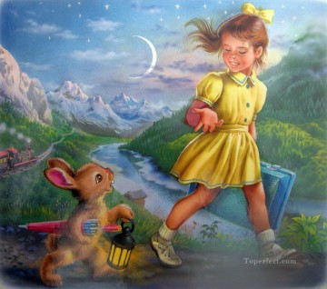 動物 Painting - 女の子とウサギ